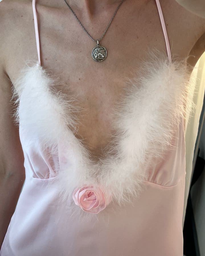 Pink satin slip with down trim, front view